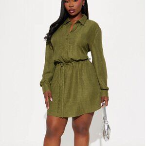 Julia Belted Linen Mini Dress - Olive in 1X